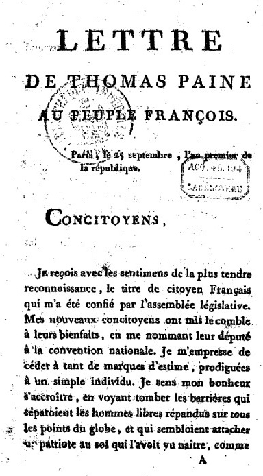 Lettre de Thomas Paine au peuple françois - Image from the National Library of France