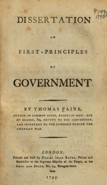The cover of a pamphlet, "Dissertation on First Principles of Government" - image source 