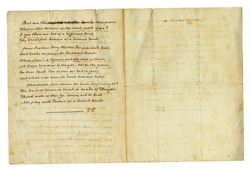 Copy of letter from Thomas Paine to Sir Robert Smith where Paine writes poem, "What is Love?"