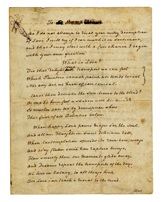 Copy of letter from Thomas Paine to Sir Robert Smith where Paine writes poem, "What is Love?"