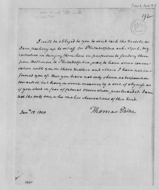 paine to jefferson 1-12-1803