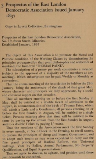The 1837 East London Democratic Association Prospectus (Image from "The early Chartists" by Thompson, Dorothy, 1923-2011. Page 56. Internet Archive.)