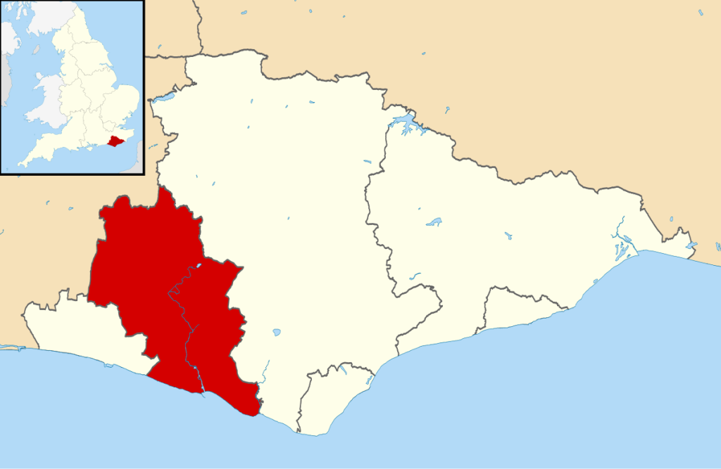 Map of East Sussex, UK with Lewes district highlighted