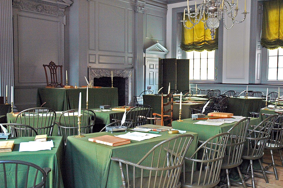 The Assembly Room, in which the United States Declaration of Independence and Constitution were drafted and signed, at Independence Hall in Philadelphia, Pennsylvania.