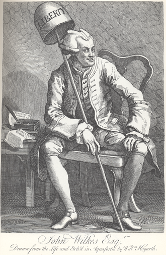 "John Wilkes Esq.", a satirical engraving by William Hogarth, who shows him with a demonic-looking wig, crossed eyes, and two editions of his The North Briton: Numbers 17 (in which he attacked, among others, Hogarth) - link