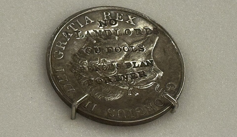 “Spirit of Democracy or the Rights of Man maintained” a cartoon by William Dent from 1792 shows Charles James Fox, as Oliver Cromwell, wave a whip and drive the allied Kings in the direction of a sign inscribed: “To Equality or Annihilation” while an allegorical America, as “Indian Queen” with liberty cap and pole, looks on – American Philosophical Society