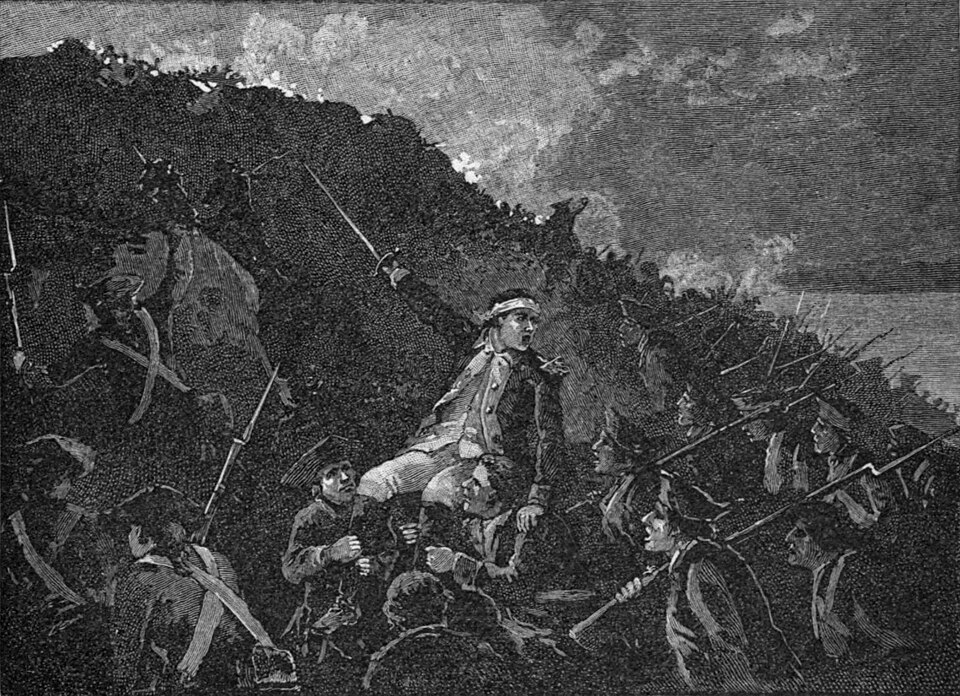 A depiction of General Anthony Wayne leading troops in the Battle of Stony Point, July 16, 1779