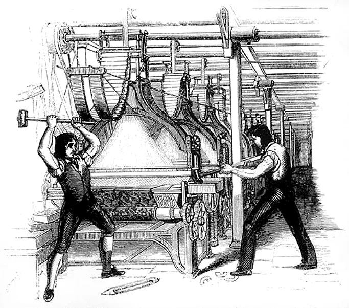 This later image shows the artist's interpretation of the Luddites breaking a loom. Byron was speaking up to oppose the Frame Breaking Act of 1812 that would make machine breaking a capital crime. Wikimedia Commons