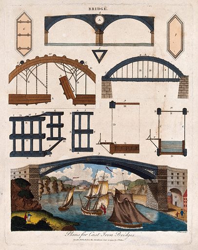 The Wearmouth Iron Bridge at Sunderland, with ships sailing beneath, and details