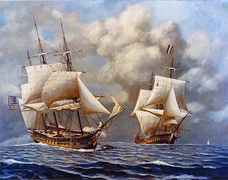 Scene depicting the action of 9 February 1799, when the USS Constellation (left), commanded by Captain Thomas Truxtun, captured the French frigate L'Insurgente (right).