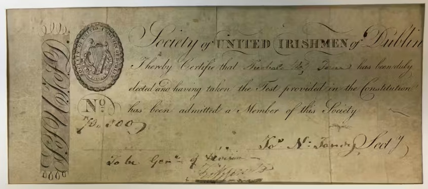 James Napper Tandy signed Theobald Wolfe Tone’s membership certificate for the United Irishmen in 1791. The two men took their push for independence to France in the late 1790s and found a champion in Thomas Paine - National Museum of Ireland