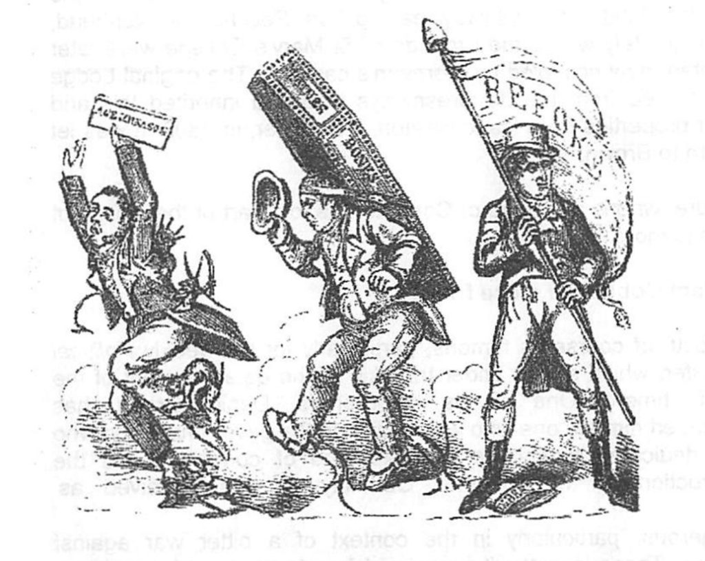 An 1820s caricature of Paine being attacked by tiny devils and rat-like creatures, Cobbett carrying a coffin containing Paine’s bones and being attacked by rats and Isaac Hunt holding a reform flag. – Thomas Paine Society UK Bulletin (2010)