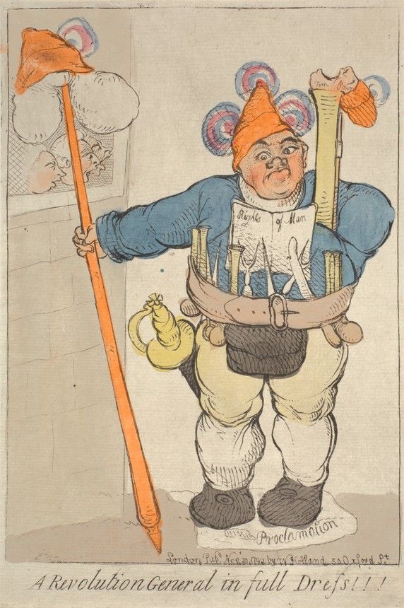 "A Revolution General in Full Dress" a 1792 satirical print by William Dent is a caricature of a French Revolutionary soldier. He squints to read the Rights of Man, stamps upon a proclamation, and his musket has the head of Thomas Paine - Yale Center for British Art, Paul Mellon Collection
