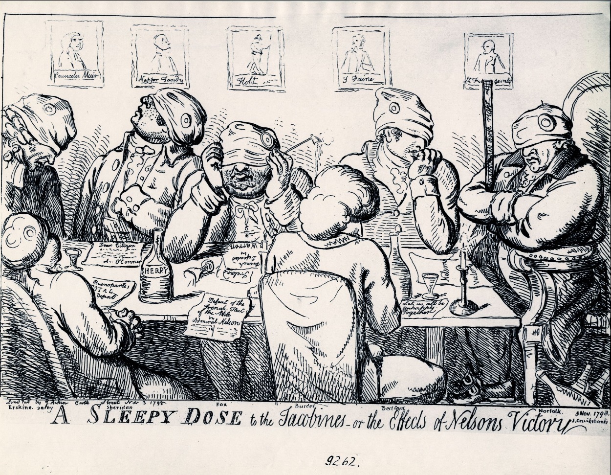 "A Sleepy Dose to the Jacobines - or, the Effects of Nelsons Victory" a 1798 political cartoon by Isaac Cruikshank shows a group of Charles James Fox supporters with liberty caps pulled over their eyes. A row of portraits on the wall includes Thomas Paine. - American Philosophical Society.