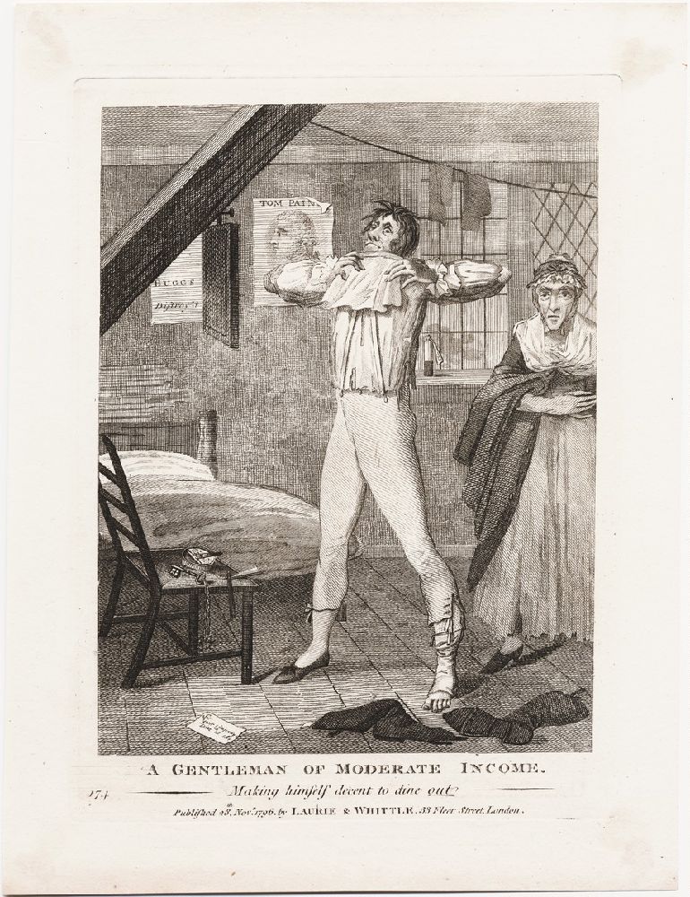 "A gentleman of moderate income making himself decent to dine out" a 1796 graphic from the Laurie & Whittle series of 'Drolls'. In his meager attic lodgings, a man dresses as his land lady looks on. On the wall is a poster with a portrait of Thomas Paine and a partially torn sign with the words "Buggs distroy'd" - Lewis Walpole Library at Yale University 
