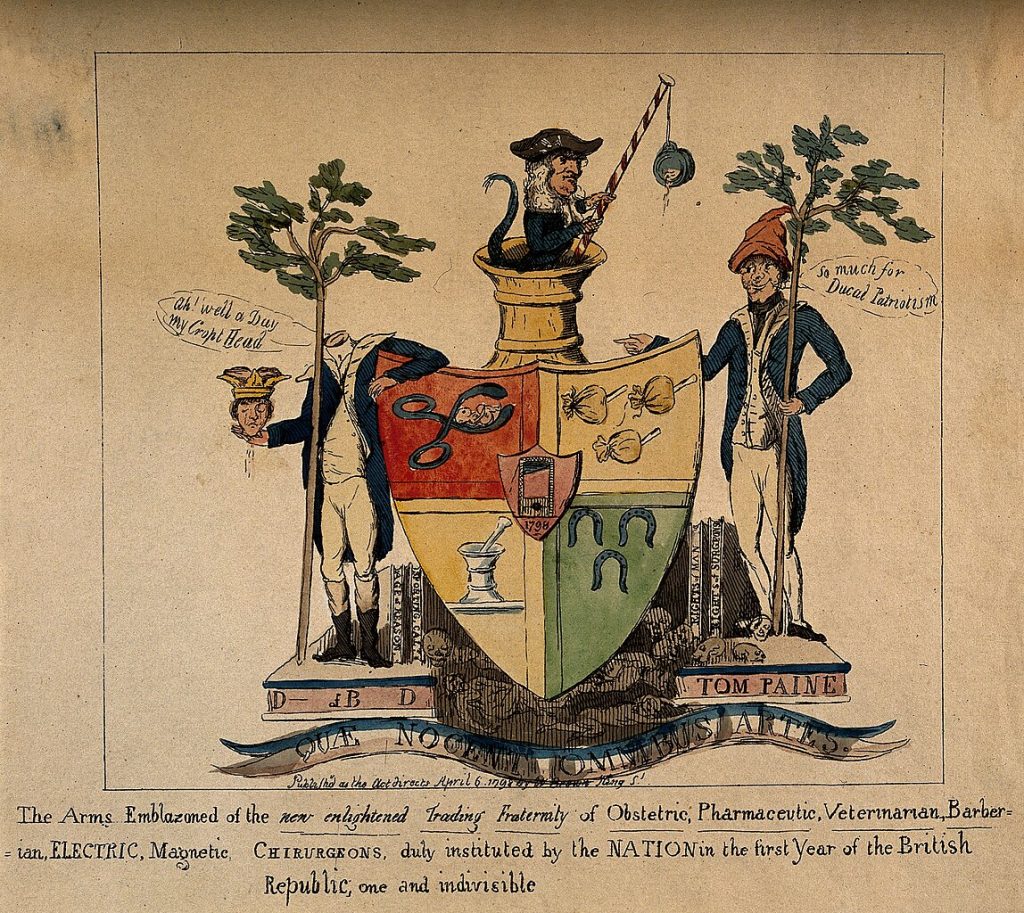 “A mock escutcheon for a united, British republican college of health practitioners” is a 1798 etching. The shield is supported by House of Lords radical Francis Russell and Thomas Paine wearing the Bonnet-rouge, a symbol of the French Revolution. Paine says: “So much for Ducal patriotism”. Beside the Duke are two books: ‘Age of Reason’ and ‘Sporting Cal[endar’; beside Paine, ‘Rights of Man’ and ‘Rights of Surgeons’ – Wellcome Collection