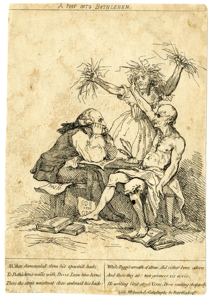 "A peep into Bethlehem" a cartoon by Thomas Rowlandson from 1793 shows John Wolcot and Edmund Burke seated with Margaret Nicholson behind. One of Burke's feet are on the 'Rights of Man' and 'Common Sense' and Wolcot sits on '[Odes to Mr] Pain[e]' - © The Trustees of the British Museum