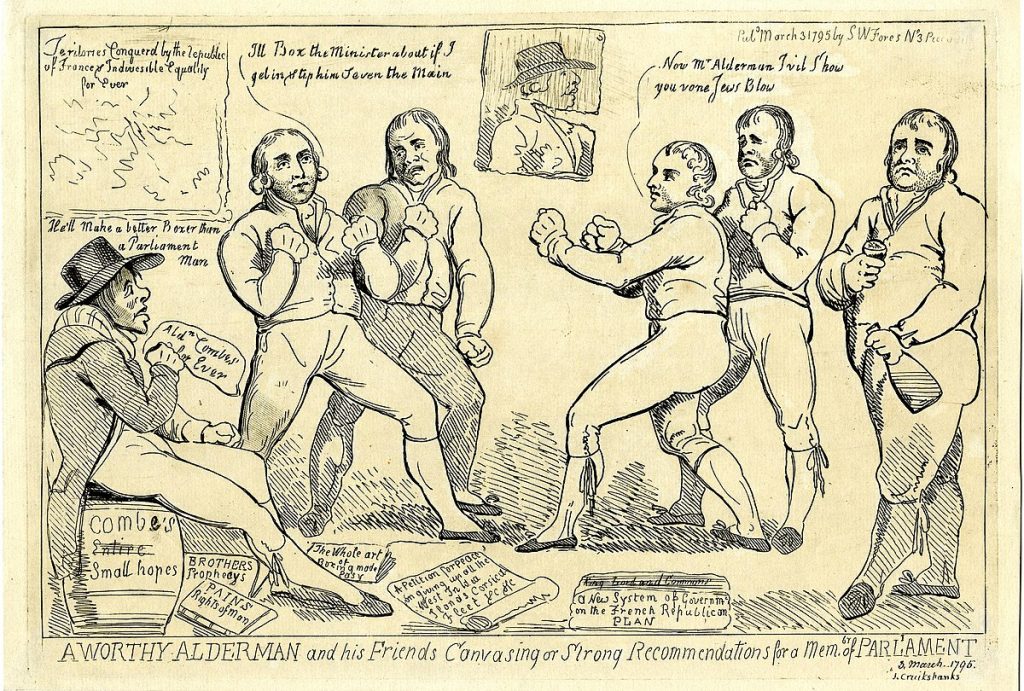 "A worthy Alderman and his friends canvasing or strong recommendations for a membr of parliament" a 1795 satirical political cartoon by Isaac Cruikshank. On the ground are books and papers including "Pains Rights of Man" - © The Trustees of the British Museum 