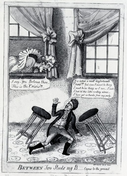 "Between two stools my B-- comes to the ground" a 1808 political cartoon by William Charles showing Thomas Paine fallen between two stools inscribed: "Secy of State" and "Govt of the State" - American Philosophical Society