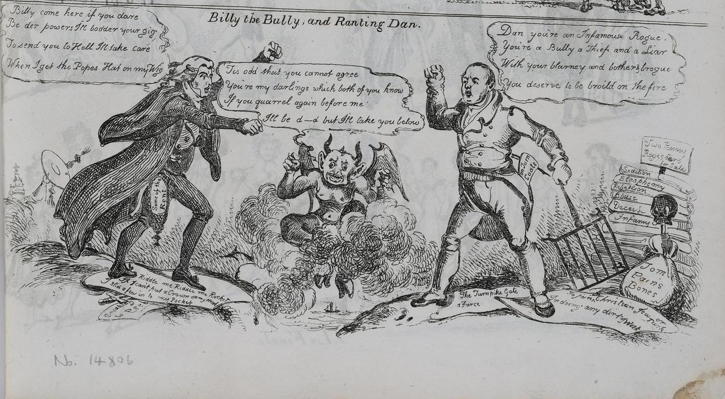 "Billy the bully, and ranting Dan" a 1825 satirical print by William Heath is part of a caricature magazine of four folio pages including this one with satan in the middle and William Cobbett, right, with a bag inscribed Tom Pain's Bones - © The Trustees of the British Museum