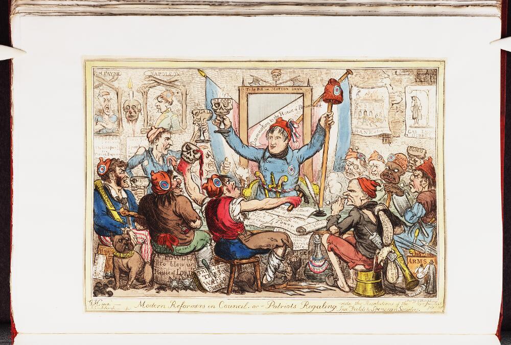 A 1818 political cartoon titled "Modern reformers in council, -- or --: Patriots regaling" by George Humphrey and Robert Cruikshank is a British caricature of Napoleon. Paine's portrait appears in the top left - Bodleian Libraries of Oxford University