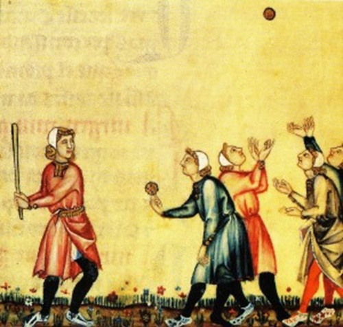 A medieval "club ball" game involving an underarm bowl towards a batter. Ball catchers are shown positioning themselves to catch a ball. Detail from the Canticles of Holy Mary, 13th century.
