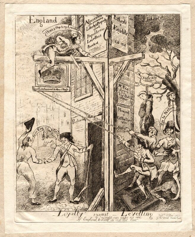 A 1792 political cartoon titled "Loyalty against levelling" by James Sayers. Paine sees the sign of the 'Association for Preserving Liberty and Property against Levellers and Republicans' while attempting to cut off the sign of a crown with the assistance of Frenchmen. In his pocket are works by Chemist Joseph Priestley and his own Rights of Man - National Portrait Gallery, UK