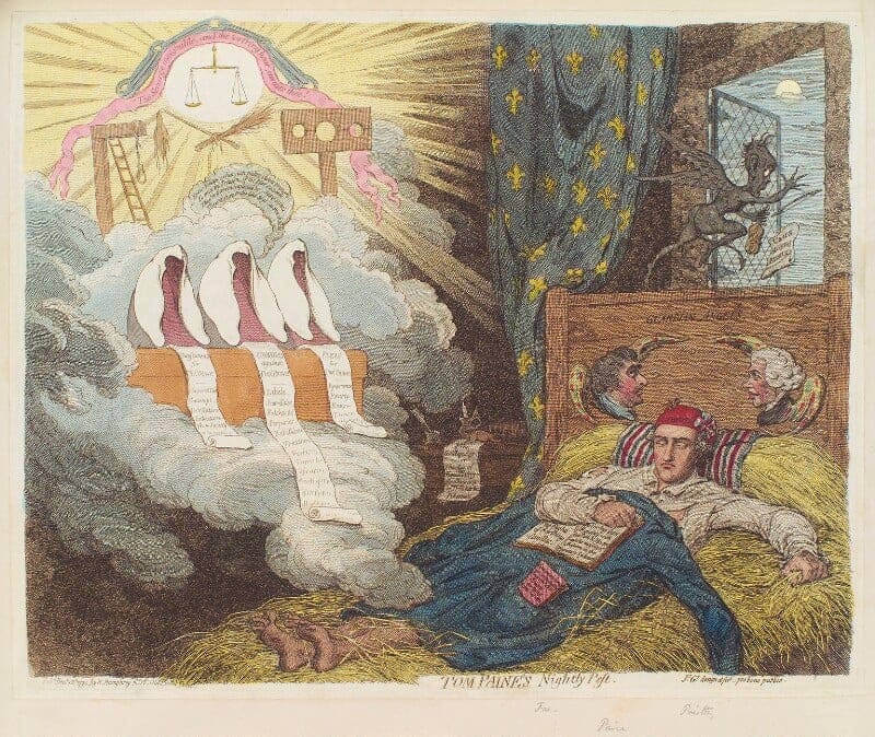 A political cartoon titled "Tom Paine's Nightly Pest" created by James Gillray in 1792. Paine dreams of judicial wigs, a dungeon and a gibbet, and his coat pocket, lying across the bed, contains a copy of 'Common Sense' except that the alternative title of 'Common Sense is or convincing Reasons for Britons turning Sans Culottes' - © The Trustees of the British Museum