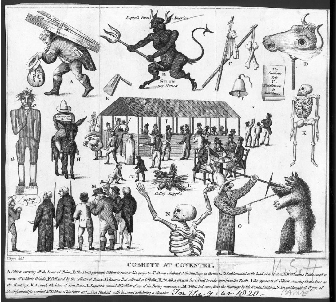 “Cobbett at Coventry” a 1820 engraving by an unknown artist shows William Cobbett with Paine’s bones in a coffin on his back in the top left corner – American Philosophical Society