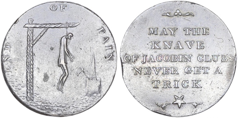 A 1793 copper token on which is a depiction of Tom Paine hanging while a flag flies from the church in the background. The reverses found with this token read ‘May the tree of liberty exist to bear Tommy’s last friend’ or ‘The Wrongs of Man, January 21 1793’. - © The Trustees of the British Museum