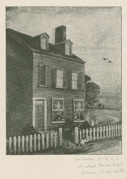 Drawing of Cornelius Ryder's house at Number 293 Bleeker Street in Manhattan where Paine lived with Madame Bonneville and her two sons until May 1809. Paine can be seen sitting in the window - The New York Public Library