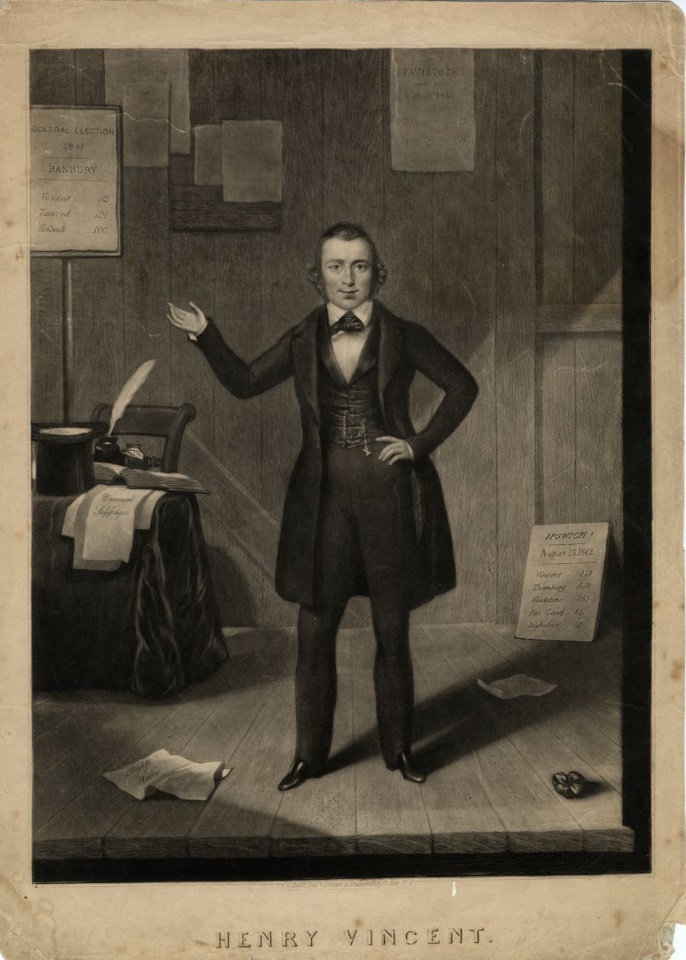 "Henry Vincent" a 1843 intaglio by printmaker George Dawe shows a portrait of Chartist Vincent standing near a desk on which a document inscribed "Universal Suffrage" hangs. Displayed behind him are election results from his 1841 Banbury, 1842 Ipswich and 1843 Tavistock campaigns. At his feet is a sheet inscribed "Rights of Man" - American Philosophical Society.