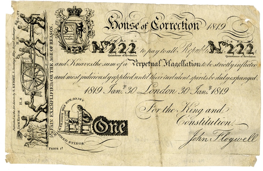 “Imitation bank note” published in 1819 by James Gillray. Along the left margin, at right angles to the text, is a strip-design: ‘Pain exemplified, Or The Age Of Reason’ – © The Trustees of the British Museum