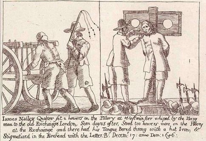 James Nayler, a prominent Quaker leader, being pilloried and whipped -link