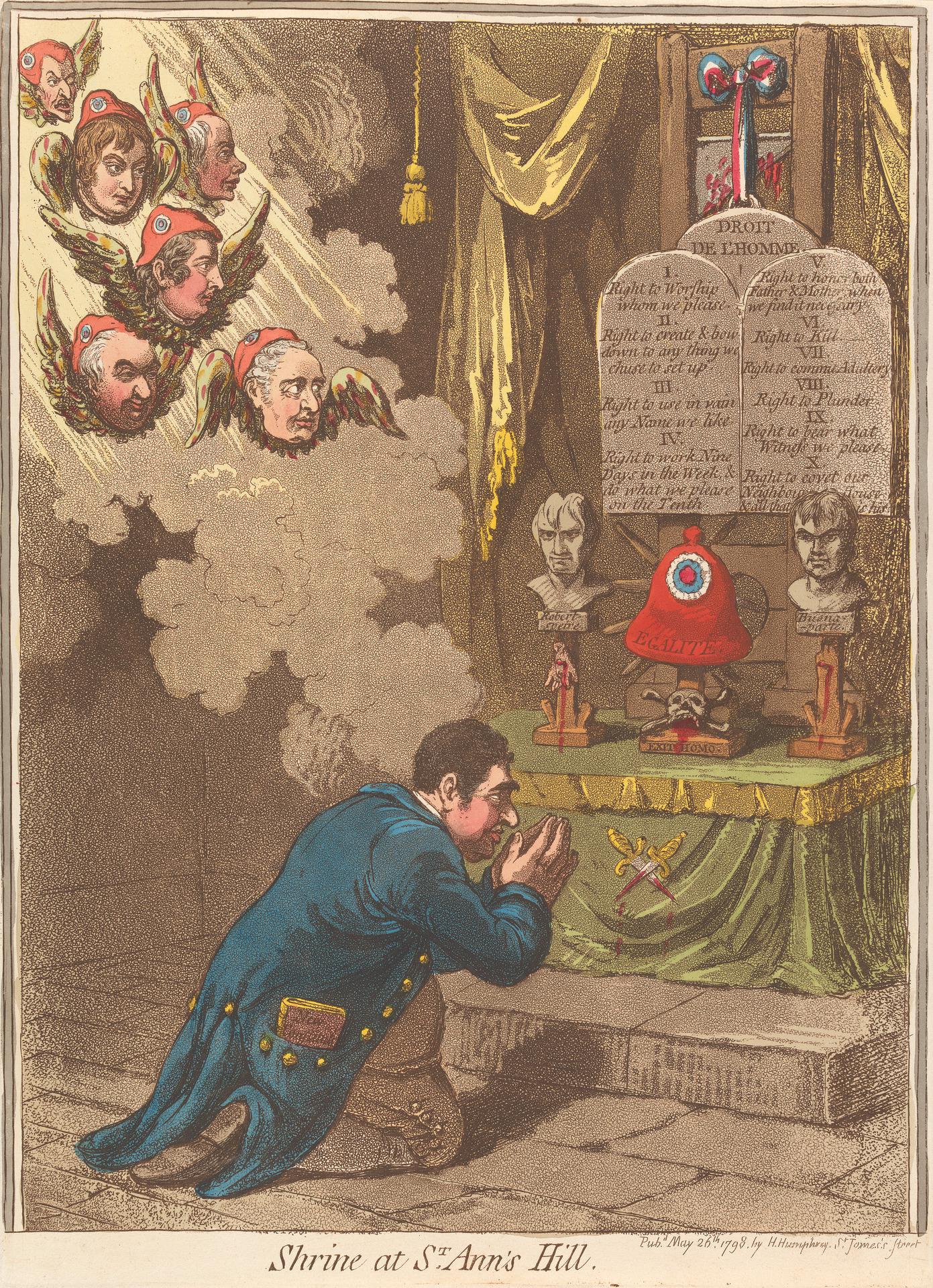 "Shrine at St. Ann's Hill" a 1798 political cartoon by James Gillray showing Charles James Fox praying before an altar to French Jacobinism and hanging are two tablets including "Droit de l'Homme" (Rights of Man) - National Portrait Gallery, UK