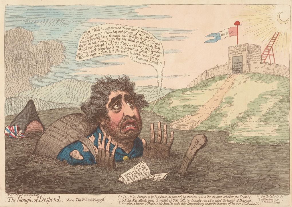 "The Slough of Despond" is a 1793 satirical print by James Gillray. The head and shoulders of Charles James Fox emerge from a pool of liquid mire weighed down by a bundle labeled with "French Gold, French Loyalty, French Daggers, And Crimes". Before him floats an open book: 'Gospel of Liberty by the four Evangelists: St Paine, St Price, St Priestly, St Petion - © The Trustees of the British Museum