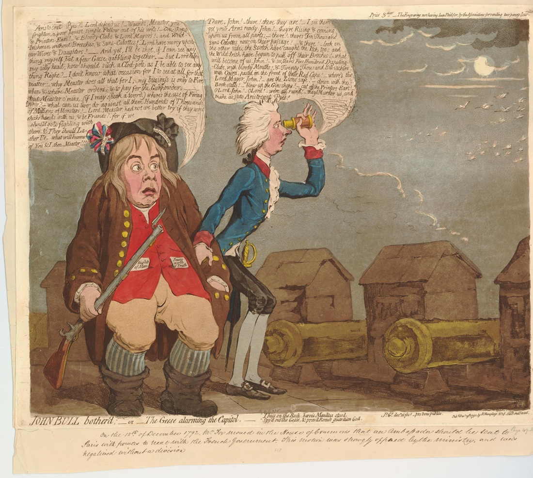 A political cartoon titled "John Bull bother'd:-or-the geese alarming the Capitol" created by James Gillray in 1792. Print shows William Pitt the Younger, his knees bending with fear, with Bull (a British equivalent of Uncle Sam) clutching his arm. A pamphlet projects from each waistcoat-pocket including Paine's 'Rights of Man' - National Portrait Gallery, UK