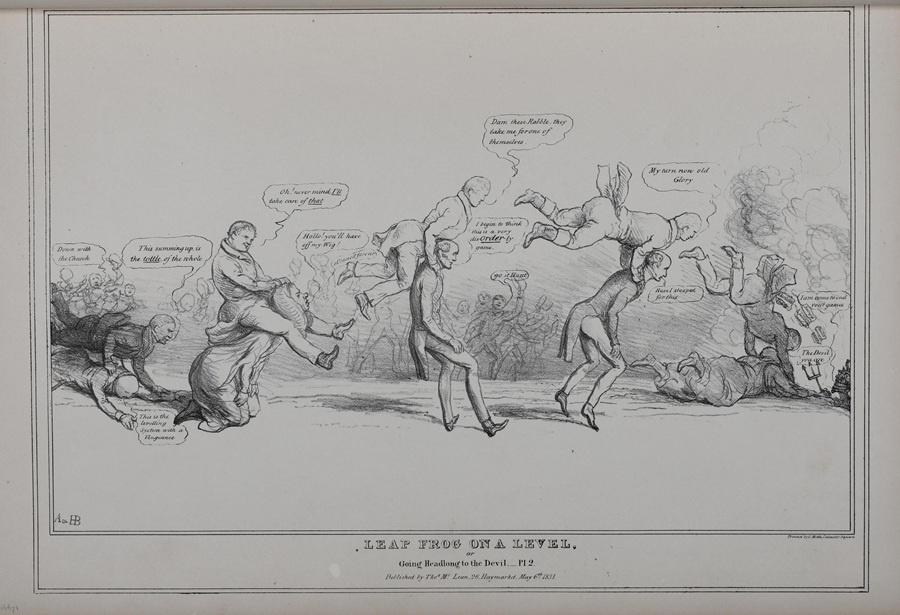 "Leap frog on a level, or Going headlong to the devil" a 1831 satirical print by John Doyle. The far right pair are a bishop, prone, with radical publisher and writer Richard Carlile flying from his shoulders into the pit of hell. Papers fly from the latter's pockets: 'Carliles Tracts, Seeing is beliving, Paines Works' - © The Trustees of the British Museum.