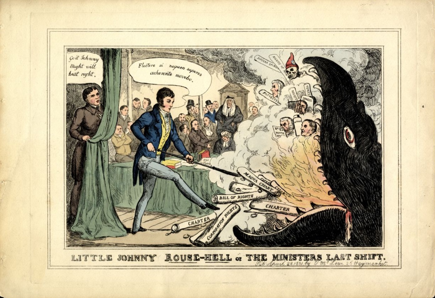 "Little Johnny Rouse-Hell or the Ministers Last Shift" a 1831 intaglio shows Earl John Russell thrust documents into a blazing hell-mouth, agape in the House of Commons. A few figures are seen inside it, including William Cobbett, peering though a gridiron, and Paine as a skeleton wearing a liberty cap - © The Trustees of the British Museum.