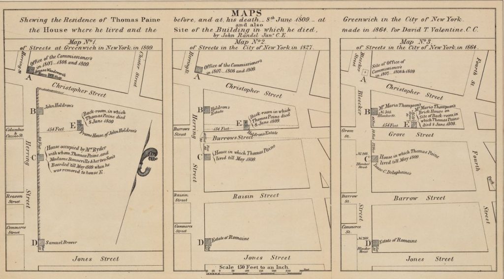 Maps showing the residence of Thomas Paine before, and at his death on June 8th, 1809, at Greenwich in the City of New York and also the house where he lived and the site of the building in which he died. Made in 1864 for David T. Valentine, C.C. by John Randel. Oriented with north to the upper right. - The New York Public Library