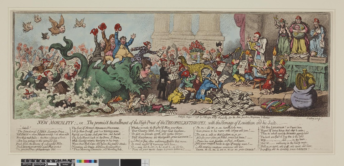 "New morality; -or- the promis'd installment of the high-priest of the theophilanthropes, with the homage of Leviathan and his suite" a 1798 political cartoon by James Gillray shows many characters including, center bottom, a crocodile wearing a pair of stays, to indicate Paine, his jaws are wide, and he weeps; under his forelegs is a paper: 'Paines Defence of the 18 Fructidor'. The poem below says in part: 'All creeping creatures, venomous and low, "Paine, Williams, Godwin, HoIcoft, praise Le Paux!' - © The Trustees of the British Museum.