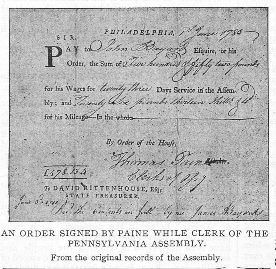 A 1780 order signed by Paine while Clerk of the Pennsylvania Assembly