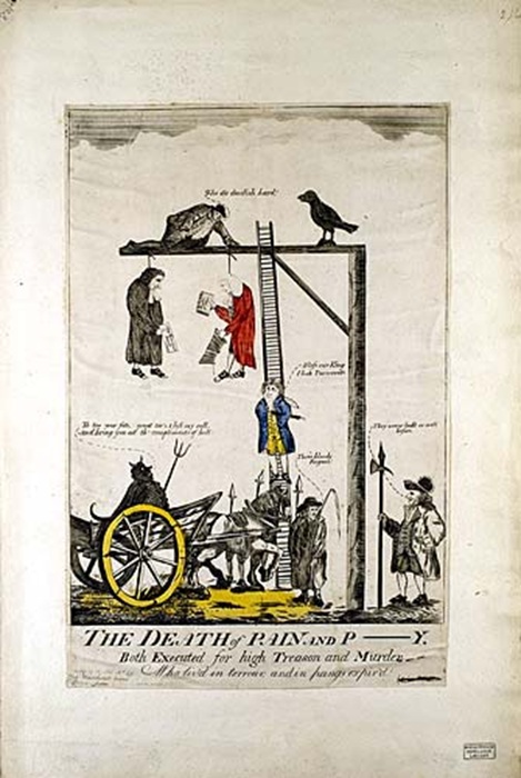"The Death Pain and Py" is a political cartoon from the late 18th century which likely refers to Paine and Joseph Priestley, who were both figures associated with radical political and religious ideas. The cartoon depicts figures being executed or tortured using a breaking wheel - Wikimedia Commons
