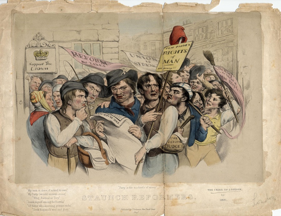 “Staunch reformers” a 1831 satirical print by John Dickinson with a dense crowd of rough-looking men at a London street-corner. One holds up a holds a placard on a pole topped by a red ‘liberty cap’ reading ‘Tom Paine’s Rights of Man—one penny!!!’ – © The Trustees of the British Museum.
