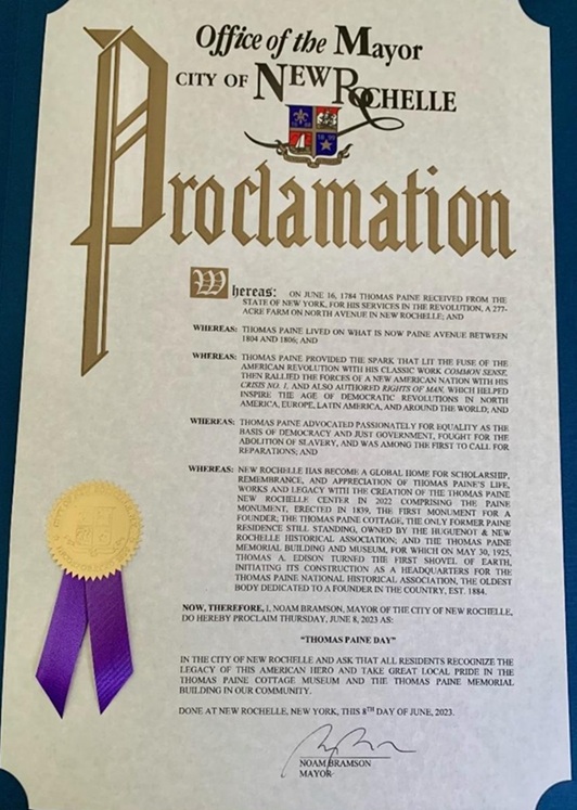 The City of New Rochelle has made Paine Day a permanent annual commemoration held on June 8th, the day of Paine's death in 1809.