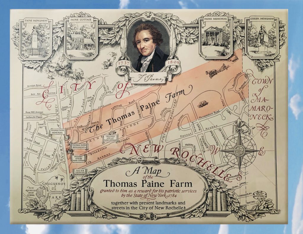 A map of the farm granted to Thomas Paine in 1794. The New York State Legislature awarded Paine 320 acres in New Rochelle for his service in the Revolutionary War after confiscating the land from a British loyalist. The map was created by New Rochelle native Walter Beach Humphrey