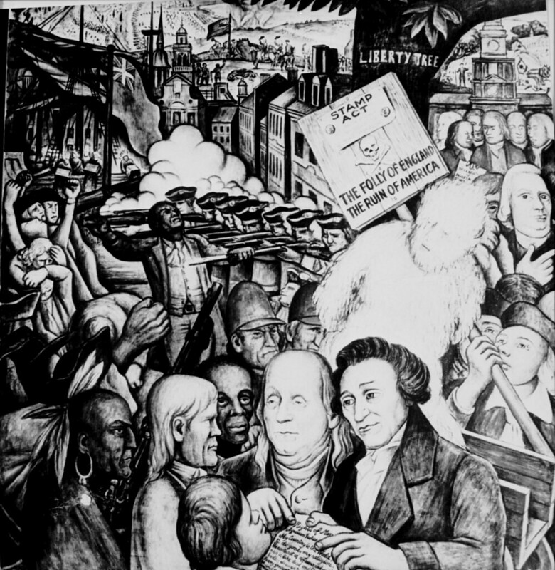 Panel from Diego Rivera's 1933 mural depicting the key events that led up to the American Revolution. Important figures include Benjamin Franklin, Thomas Paine, and Samuel Adams - Kheel Center