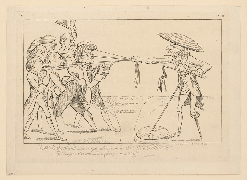 1777 political cartoon titled “Poor old England endeavoring to reclaim his wicked American children” shows a man representing England tries to hold on to five Americans on the other side of the Atlantic Ocean. The American in dark pants is believed to be Paine – © The Trustees of the British Museum