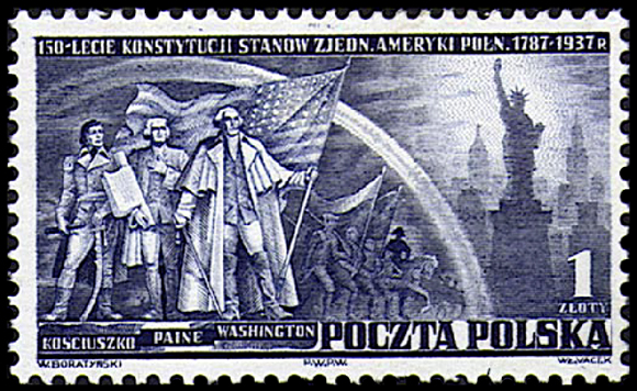 A 1938 postage stamp from Poland commemorating the 150th anniversary of the US Constitution shows Tadeusz Kosciuszko, Thomas Paine and George Washington with the Statue of Liberry in the background - National Postal Museum Collection