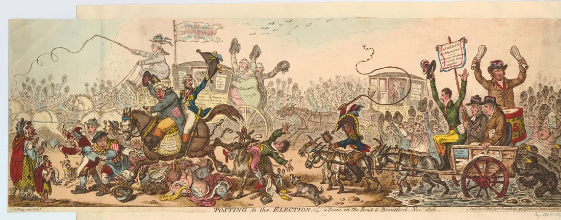 "Posting to the election, - a scene on the road to Brentford" a 1806 political cartoon by James Gillray showing a procession towards the election in Middlesex. Ardent Whig supporter William Bosville holds the arm of radical parliamentary proponent John Horne Tooke's arm has a pamphlet: 'Rights of Man by [Tom Paine]' - © The Trustees of the British Museum